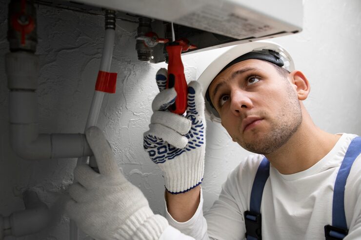 A focused HVAC technician wearing a white hard hat and protective gloves is working on the internal components of a heating unit, tightening a pipe connection with a wrench. The image suggests a close-up, detailed furnace repair or boiler service in a residential or commercial setting.
