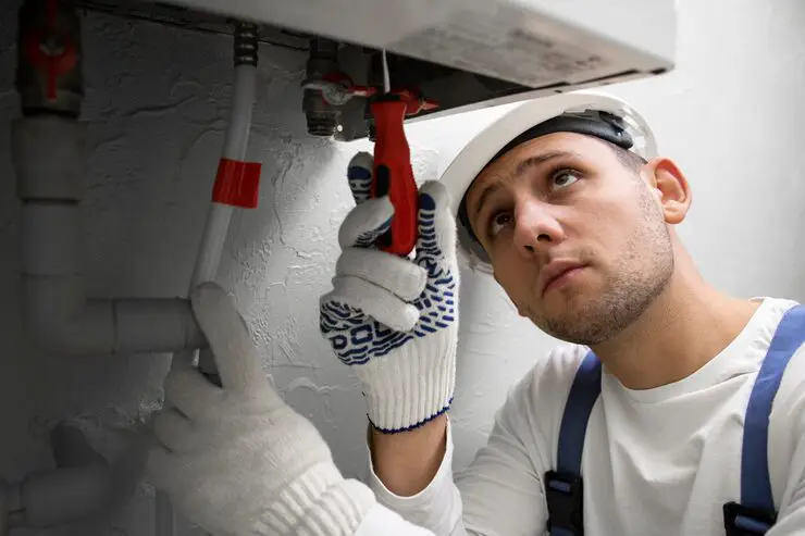 A focused HVAC technician is working on the internal components of a heating unit.