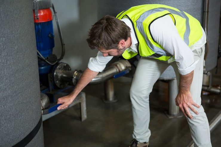 An HVAC professional, dressed in a white shirt, beige pants, and a bright yellow safety vest, is bending down to inspect or manually operate a valve on a large industrial or commercial heating system (like a furnace or boiler). The image conveys diagnostic work on large-scale heating equipment, relevant to emergency service.