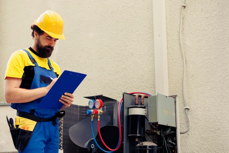 A bearded technician in a yellow hard hat and blue and yellow coveralls is standing outdoors, writing notes on a clipboard while inspecting an external HVAC unit, likely a heat pump or air conditioner. The image highlights a professional conducting a system check or repair documentation for a heating/cooling emergency.
