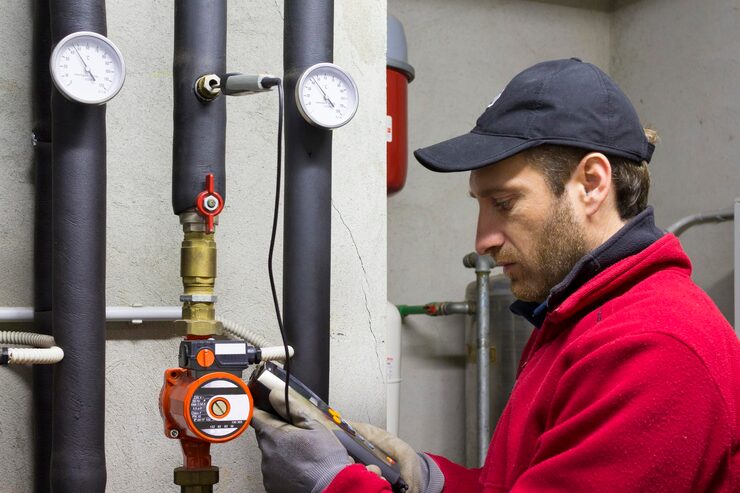 A technician wearing a red jacket and a black cap is closely inspecting and taking a reading with a digital device on a brass pump or valve connected to insulated pipes. The background shows pressure gauges. This image clearly depicts a heating professional diagnosing a circulation pump or boiler component during an emergency repair.