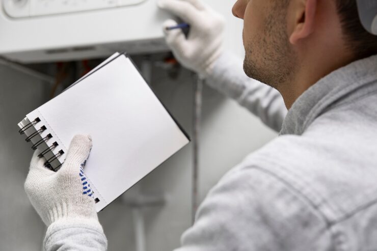 A close-up view of a person wearing white work gloves holding a blank spiral notebook and pen while inspecting the interior of a furnace or HVAC unit, illustrating the process of conducting a furnace inspection or logging maintenance details. Furnace Maintenance Checklist for Cold Weather in the GTA