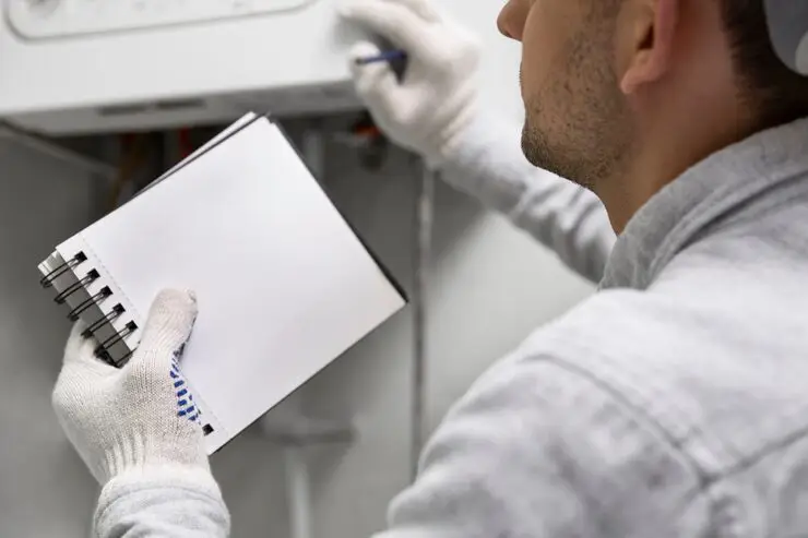 A close-up view of a person inspecting the interior of a furnace or HVAC unit.