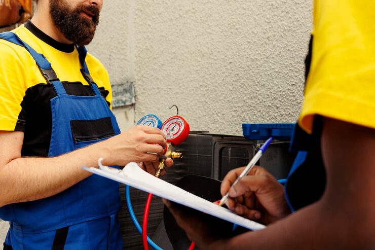 Two HVAC technicians in matching yellow and blue work uniforms. The technician on the left, who has a beard, is holding and adjusting pressure gauges connected by blue and red hoses, while the technician on the right is writing on a clipboard, signifying a professional furnace maintenance or refrigerant check.