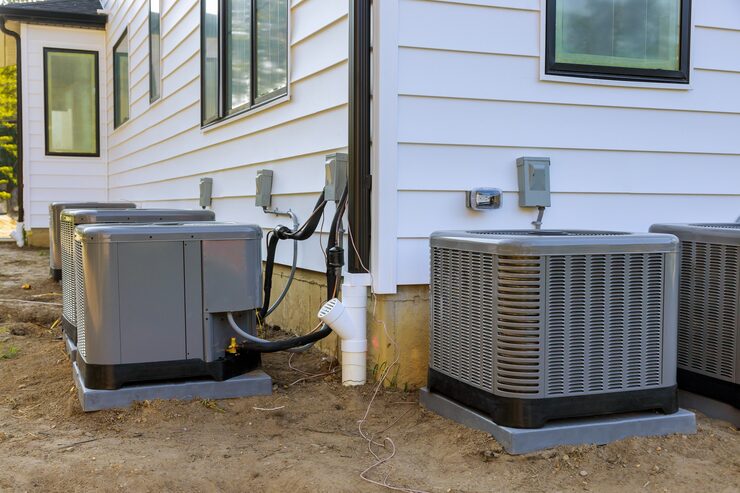Multiple large, gray, square outdoor air conditioner or heat pump units are installed in a row along the exterior of a white-sided residential building during construction or renovation. Heat Pump vs Furnace in Ontario