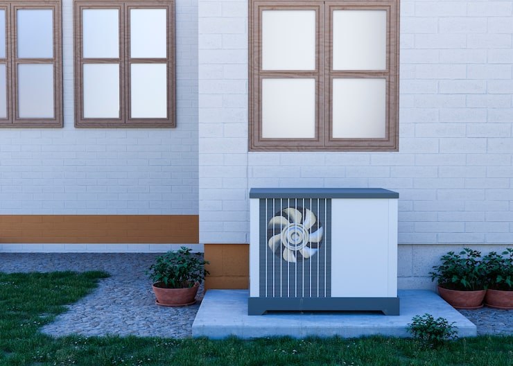 A visually clear, medium-sized, modern heat pump unit with a light gray and white casing and a visible fan is positioned on a concrete pad outside a white-painted brick house with multi-pane windows.