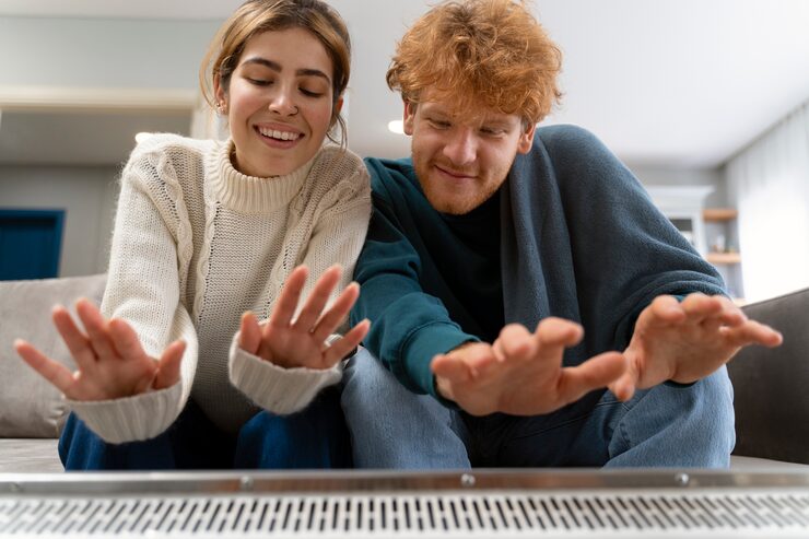 A happy, smiling young couple wearing sweaters warm their hands over the grates of a home heating vent or radiator, suggesting the comfortable warmth provided by a furnace or heat pump in winter.