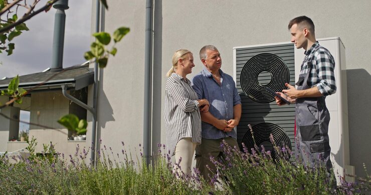 A friendly, young HVAC technician in a plaid shirt and grey overalls stands outside a modern home, explaining the features of a large, outdoor heat pump unit to an attentive older couple. The heat pump has a gray casing and black, circular fan covers.