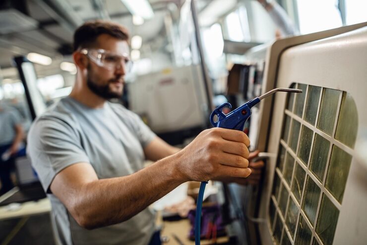 A focused image of a male technician wearing safety glasses, using an air compressor nozzle to clean dust and debris from the filter or coil of an industrial HVAC component.