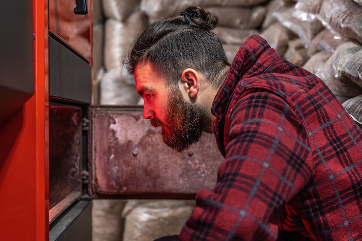 A man with a beard and a flannel shirt, checking the inside of an open furnace door, glowing with residual heat, surrounded by bags of fuel, suggesting a wood or pellet-burning system.