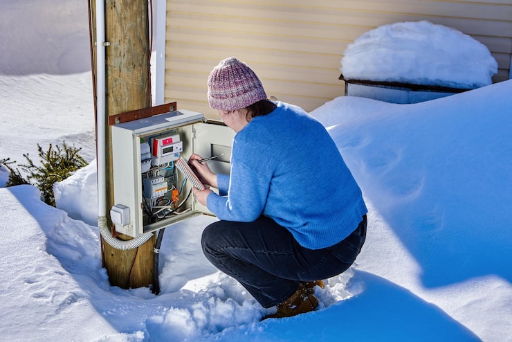 A person crouching in the snow, reviewing a paper checklist next to an external electrical service box or outdoor control panel, emphasizing the need for system checks before winter.