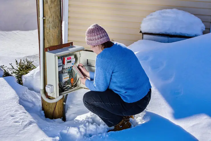 A person in the snow, reviewing a paper checklist next to an external electrical service box.