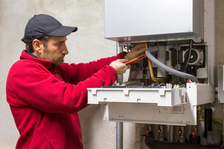 A technician in a red fleece jacket and baseball cap, using a wrench to repair the internal components of a modern, wall-mounted furnace or boiler unit. Should You Replace or Repair Your Furnace Before Winter