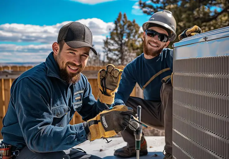 Two bearded HVAC workers wearing protective gloves and safety glasses.