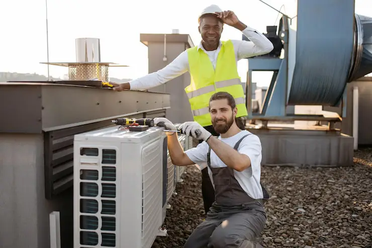 Two smiling HVAC technicians on a rooftop, one in a hard hat and safety vest.