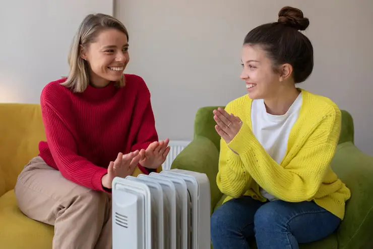 Two people warming hands near an electric radiator.