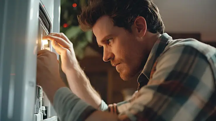 Man inspecting a furnace panel; preventative maintenance for winter heating.