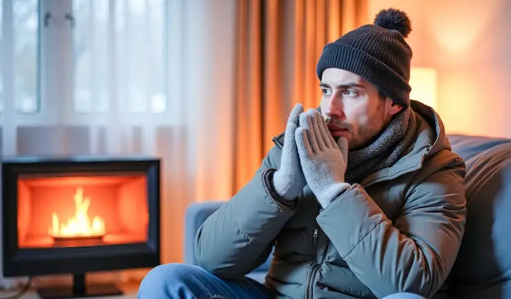 Man shivering in winter coat indoors, symbolizing a broken furnace.