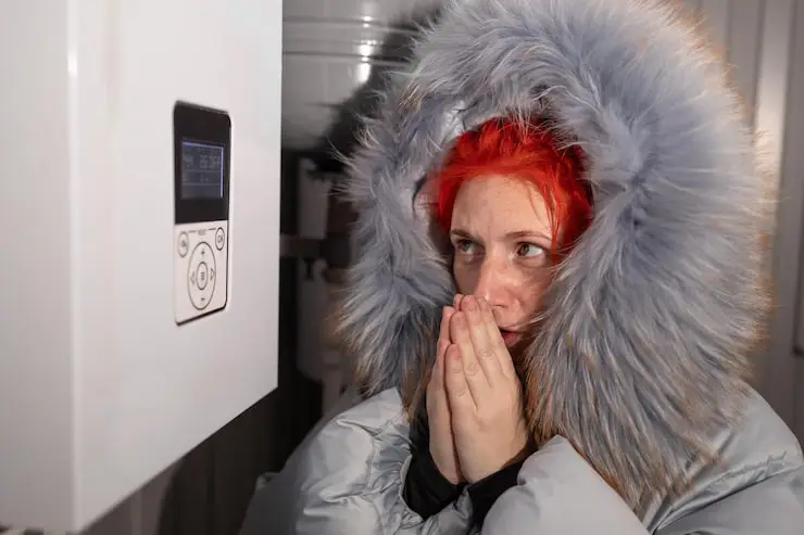 Cold woman in a parka near a furnace thermostat.
