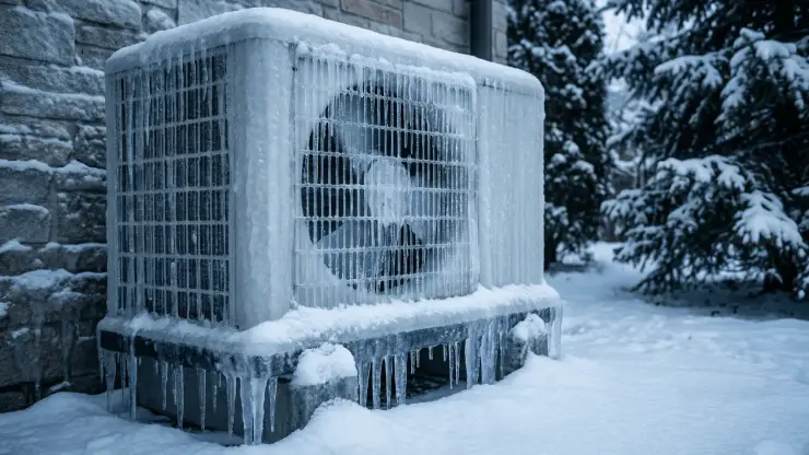 Outdoor AC unit completely encased in ice and icicles.