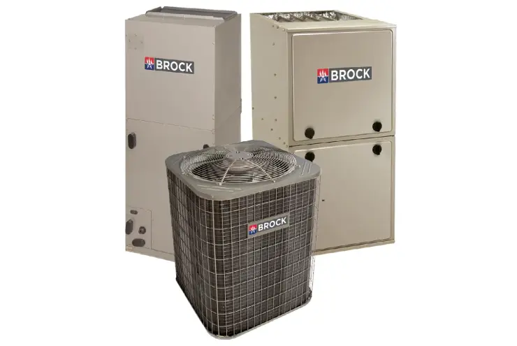 Brock HVAC equipment including furnaces and an AC condenser unit.